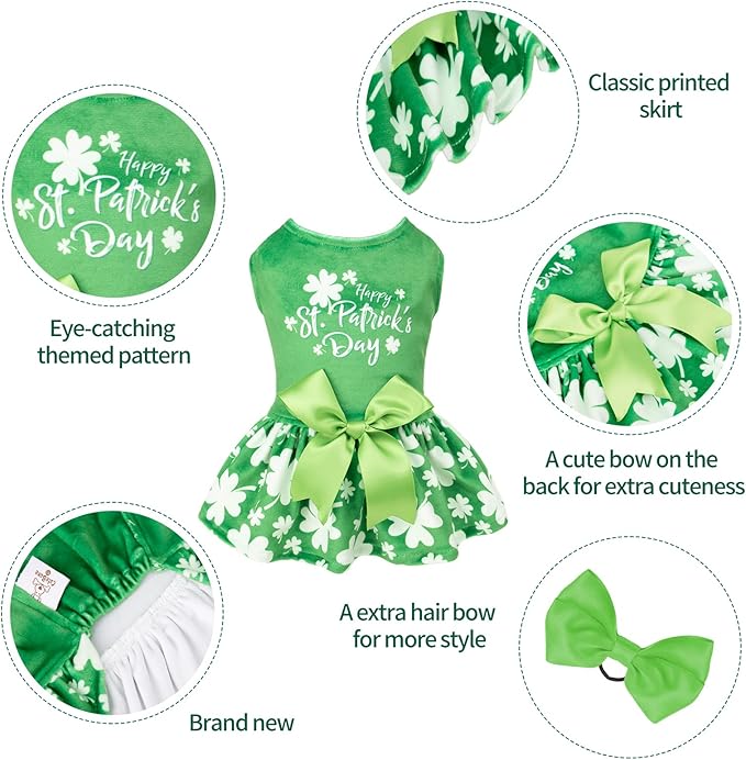 CuteBone St.Patrick's Day Dog Green Dress Velvet for Small Dogs Girl Puppy Dresses Clover Dog Clothes CVA14XS-D