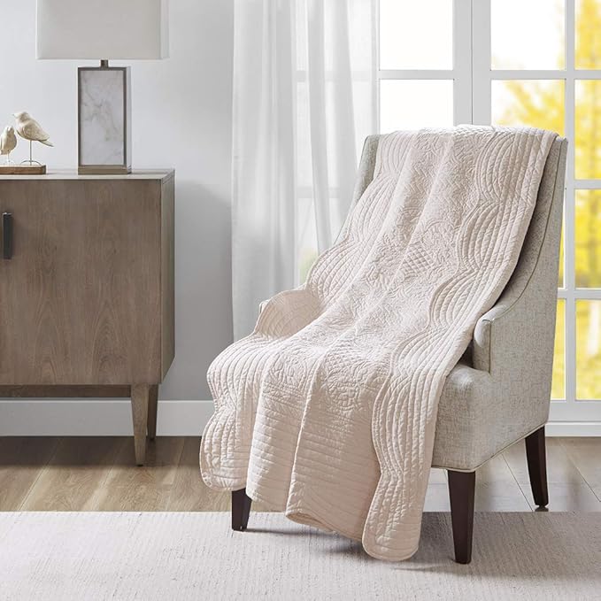 Madison Park Luxe Quilted Throw Blanket - Damask Stitching Design, Cotton Filled Spread, Ultra Soft, Cozy Bedding for Living Room Couch, Sofa, Bed, 60x72", Scalloped Borders Blush