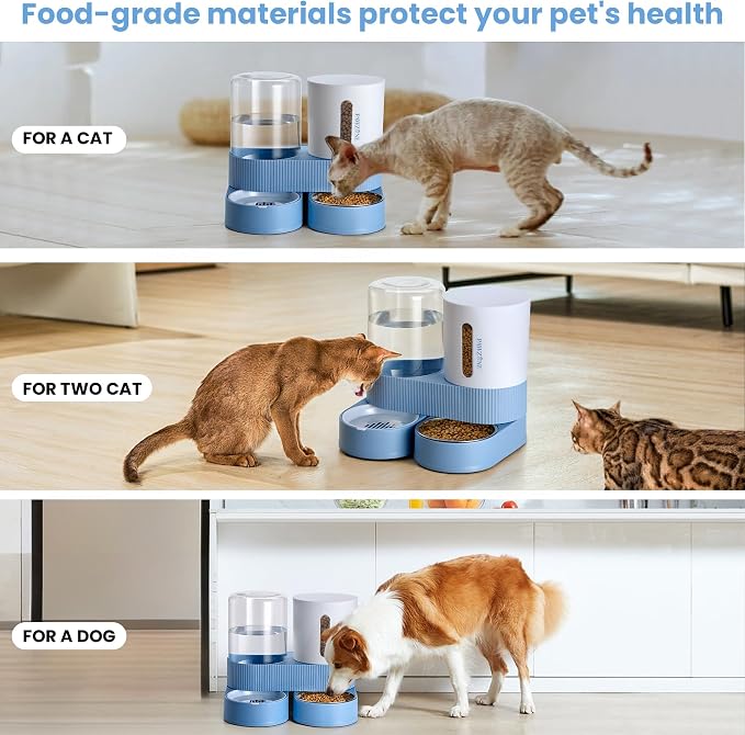 Automatic Cat Feeder Stainless Steel Water Dispenser Gravity Food Feeder and Waterer Set with Pet Food Bowl for Small Medium Kitten Puppy Pets Large Capacity(Blue)