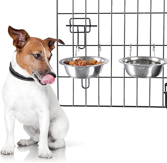 Set of 2 Stainless-Steel Dog Bowls - Cage, Kennel, and Crate Hanging Pet Bowls for Food and Water - 8oz Each and Dishwasher Safe by PETMAKER, Silver