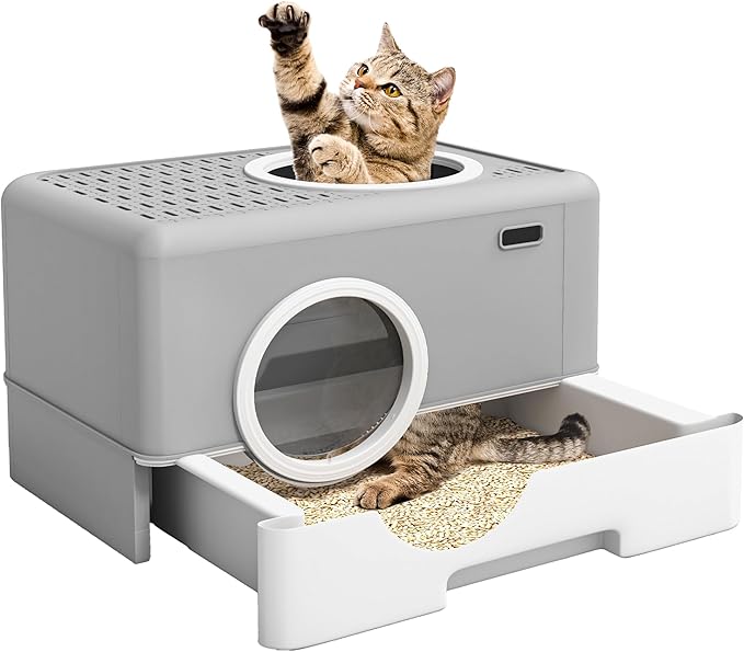 DWVO Enclosed Cat Litter Box with Two-Way Entry/Exit, Large Hooded Anti-Splash Cat Toilet with Lid, Hidden Litter Scoop - Gray