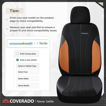 Coverado Seat Covers for Car 2 Seats, Leather Car Seat Covers Fullset, Breathable Mesh Front and Rear Protectors, Brown Luxury Automotive Covers, Universal Fit for SUV, Truck, Sedan