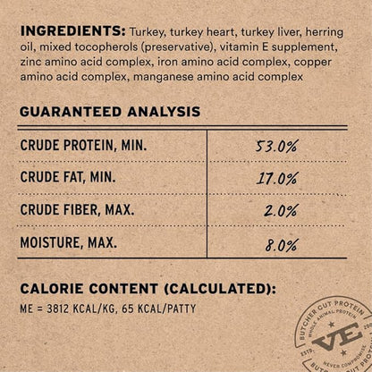 Vital Essentials Freeze Dried Cat Food, Raw Turkey Mini Patties | Complete Meal or Topper | Easy to Portion and Rehydrate | High Protein, Grain Free Dry Cat Food | 15 oz Bag