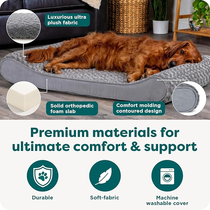 FurHaven Orthopedic Dog Bed for Large Dogs, Luxe Lounger Contour Mattress with Solid Orthopedic Foam Slab for Joint Support, Removable Washable Cover, Jumbo XL, Plush Suede, Gray