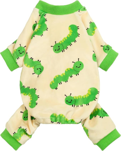 Fitwarm Caterpillar Dog Fleece Pajamas, Cozy Clothes for Small Dogs Boy Girl, Funny Pet Onesie, Beige, Green, XS