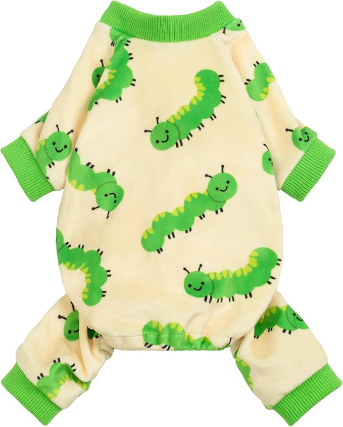 Fitwarm Caterpillar Dog Fleece Pajamas, Cozy Clothes for Small Dogs Boy Girl, Funny Pet Onesie, Beige, Green, XL