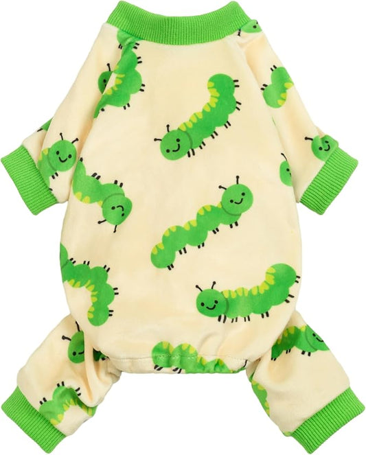 Fitwarm Caterpillar Dog Fleece Pajamas, Cozy Clothes for Small Dogs Boy Girl, Funny Pet Onesie, Beige, Green, XL