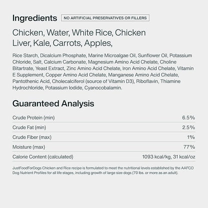 JustFoodForDogs Pantry Fresh Wet Dog Food, Complete Meal or Dog Food Topper, Chicken & White Rice Human Grade Dog Food Recipe - 12.5 oz (Pack of 12)