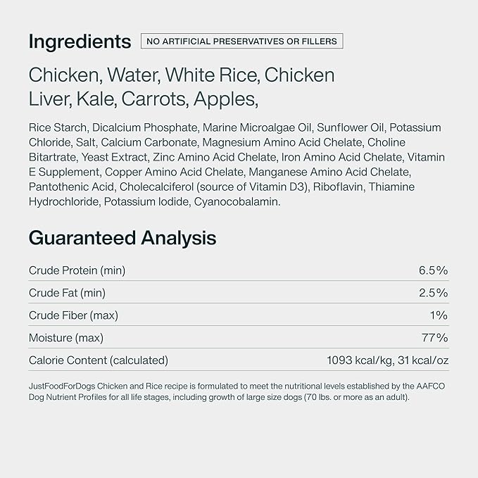 JustFoodForDogs Pantry Fresh Wet Dog Food, Complete Meal or Topper, Chicken & White Rice Human Grade Recipe - 12.5 oz (Pack of 6)