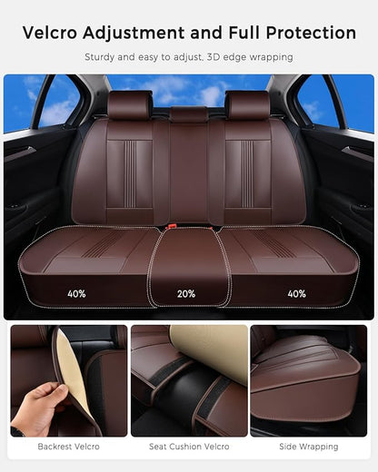 Huidasource Brown Back Seat Cover, Nappa Leather Rear Seat Cover with Ventilation Holes, Velcro Adjustable, Compatible with Armrests, Seat belts, Child Safety Seats, Fit for Most Cars SUV Truck, Brown