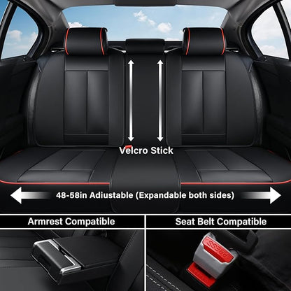 Coverado Car Seat Covers Full Set, Black Redline Seat Covers for Cars, Automotive Seat Covers, Waterproof Nappa Leather Front Seats and Back Car Seat Protector, Universal Fit for Most Cars SUV Trucks