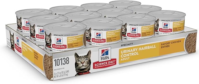 Hill's Science Diet Adult Urinary & Hairball Control Wet Cat Food, Chicken Minced, 2.9 oz. Cans, 24-Pack