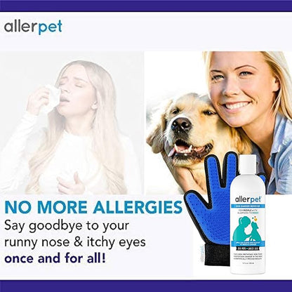 Allerpet Dog Dander Remover w/Free Pair of Grooming Gloves - Best Pet Dander Remover for Allergens - for Canine Dry Skin Treatment - Good for Fur & Skin - (12oz)