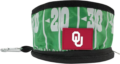 Pets First NCAA Oklahoma Sooners Collapsible Dog Travel Bowl, Food and Water Bowl for Dogs & Cats. Lightweight Leak-Proof Pet Bowl for Travel with Football Field & Pebble-Grain Design
