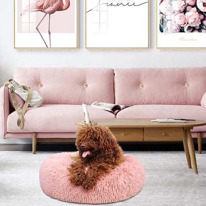 Extra Small Dog Bed 19 Inch,Calming Donut Puppy Bed,Ultra Soft Faux Fur Round Dog Bed for Chihuahua Yorkie Maltese Pomeranian,Pink