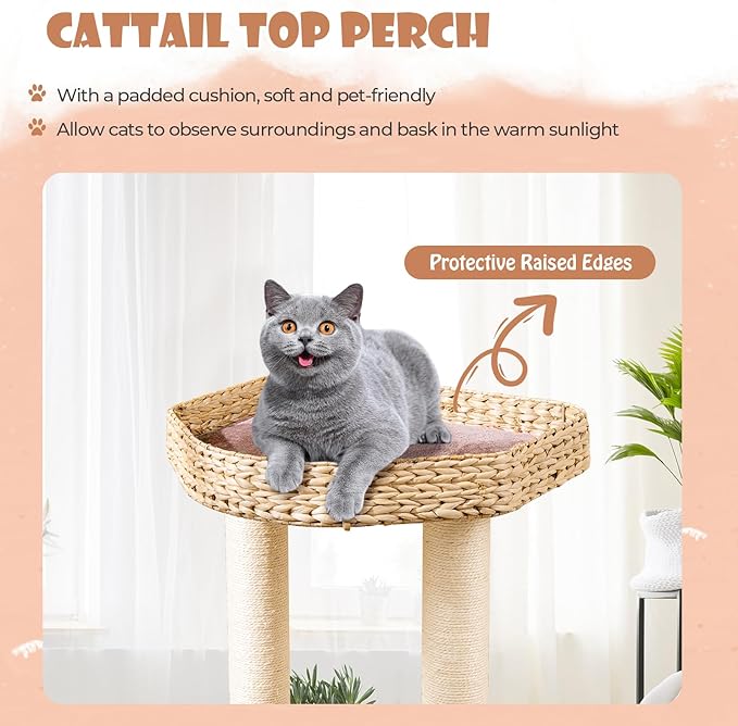 PETSITE 52 inch Cattail Cat Tree, Multi-Level Cat Tower with Scratching Posts, Cat Condo, Top Perch, Hanging Jingling Ball and Soft Washable Cushions, Modern Cat Tree for Indoor Cats