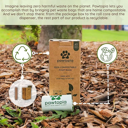 Pawtopia Biodegradable Dog Poop Bags, 60 Count, Certified Home Compostable, Leak-Proof, Easy Open, Standard Size, Supports Sustainable Living