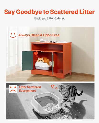 VEVOR Cat Litter Box Enclosure, 31 in Hidden Litter Box Cabinet with Shelf & Storage, Modern Style Indoor Cat Washroom, Wooden Kitty House Furniture End Table, Fit Most Litterboxes, Red & Green
