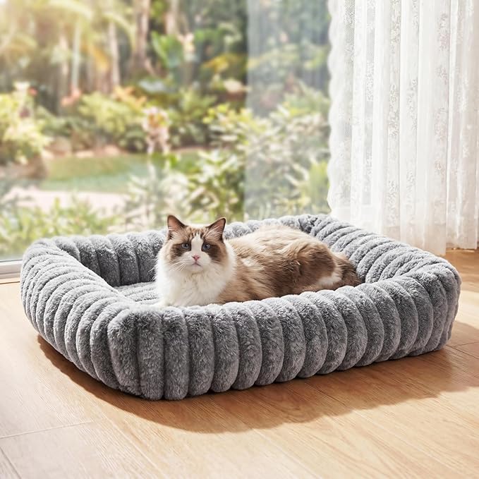 Cat Beds for Indoor Cats, Square Self Warming Cat Bed Orthopedic Pet Bed with Pillow Super Soft Rabbit Fur Small Dog Beds, Calming Plush Kitten Bed with Removable Washable Cover & Anti-Slip Bottom