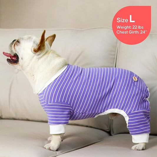 KYEESE Dog Pajamas Soft Striped Pet Jumpsuit Lightweight Doggie Jammies 4 Legs Dog Clothes Stretchable Pajamas Breathable Cozy Outfit Comfortable Onesie Sleepwear for Small Dogs,Purple Striped, Large