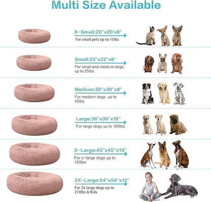 SAVFOX 30 inches Calming Donut Dog Bed - 3X Durable Plush Faux Fur, Machine Washable & Non-Slip, Fits up to 45 lbs, Pink