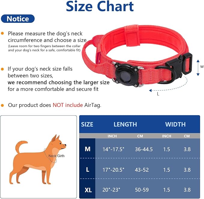 Waterproof AirTag Dog Collar with QR Code ID Tag, Tactical Military Dog Collar with Built-in AirTag Holder, Heavy Duty Metal Buckle & Control Handle, GPS Tracker Collar for Large Dogs (Red, XL)