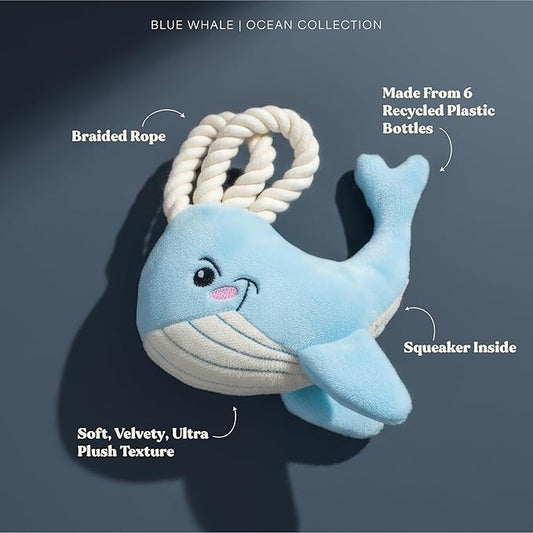 Dog Toys | Plush Whale Stuffed Animal with Rope for Dogs | Eco Friendly Toy - Easy to Clean and Made from Non Toxic Materials
