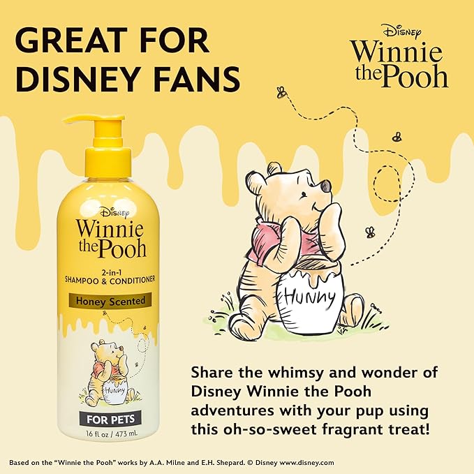 Disney Winnie The Pooh 2-in-1 Dog Shampoo and Conditioner, Honey Scented Shampoo Plus Conditioner for Dogs, Gentle Care with Oatmeal, Baking Soda, Coconut Oil, 16oz