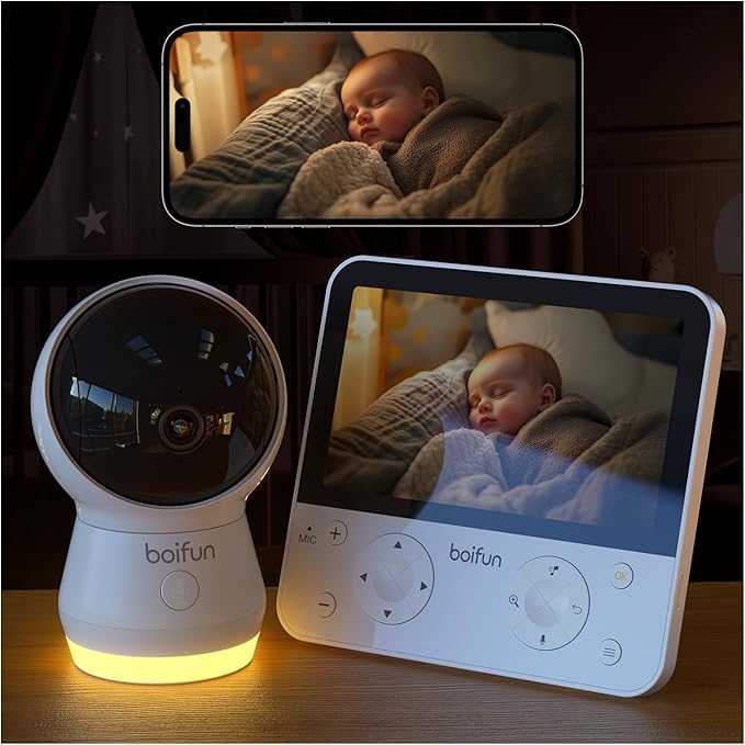 BOIFUN AI Baby Monitor with Camera and Audio, Safety Alerts (Tummy Sleeping & Face Area), WiFi Smartphone APP Control, Colorful Night Light, 2K HD Night Vision, Motion & Cry Detection, Two-Way Talk