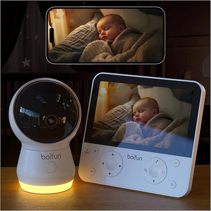 BOIFUN AI Baby Monitor with Camera and Audio, Safety Alerts (Tummy Sleeping & Face Area), WiFi Smartphone APP Control, Colorful Night Light, 2K HD Night Vision, Motion & Cry Detection, Two-Way Talk