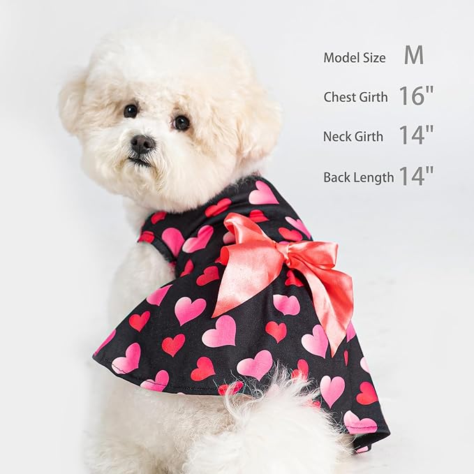 PUPTECK Print Dog Spring Dress Pet Costumes Apparel with Cute Bowtie Puppy Clothes Outfit, Heart, L