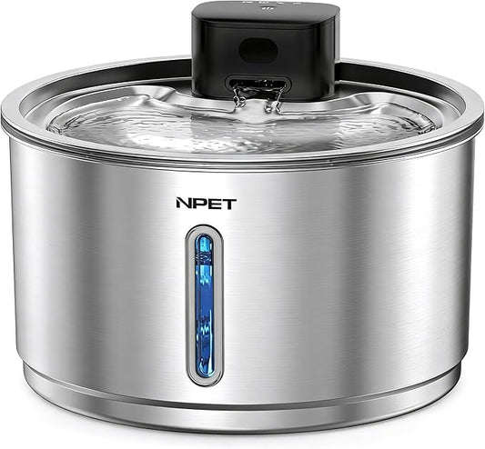NPET Wireless Cat Water Fountain Stainless Steel, 1 Gallon/135oz Battery Operated Automatic Pet Drinking Fountain - Cordless Dog Water Dispenser with Water Level Window for Cats Indoor