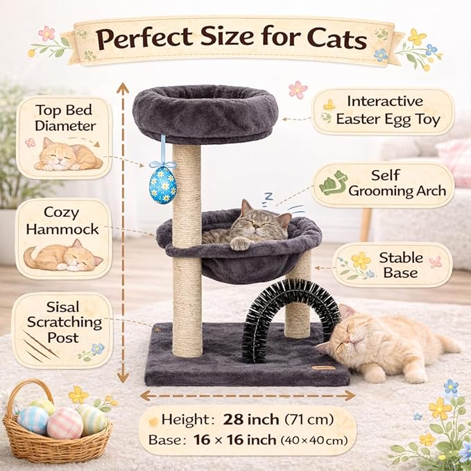 Simple Deluxe 27.8" Small Cat Tree with Easter Eggs,Multi-Level Cute Cat Tree with Scratching Post| Plush Hammock| Perch| Random 3 Pcs Easter Eggs| Groomer Brush for Kittens Play & Rest