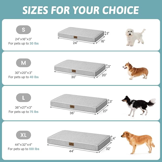 Large Orthopedic Dog Bed, Cooling Dog Beds for Large Dogs, Washable Pet Bed with Waterproof Liner, 44x32x4in,Silver Grey