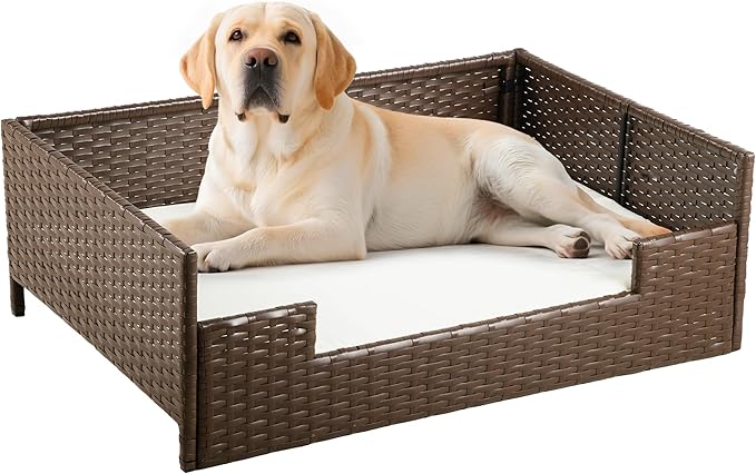 DWVO Rattan Dog House Outdoor Indoor with Cushion, Wicker Dog Sofa Bed for Small, Medium, and Large Dogs, 34.6''L*23.6''W*11.8''H, Beige
