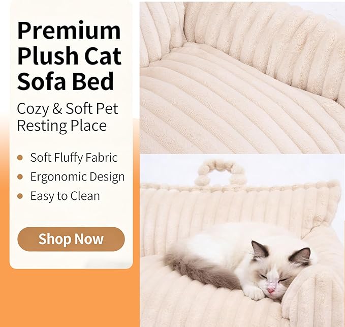 Luxury Plush Cat Couch Bed for Pets with Removable Washable Cover,Supportive Cat Sofa for Indoor Cats & Small Dogs,Plush Pet Couch with Handles (Beige, 24"x18"x10")