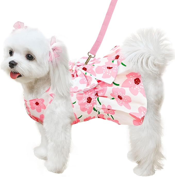 ABRRLO Cute Dog Dress Small Dog Clothes for Girls Female Puppy Outfits Floral Pet Summer Clothes Bowknot Doggy Harness Dress Cat Princess Dresses for Holiday Birthday Party (Pink Floral, Medium)