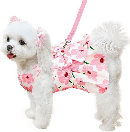 ABRRLO Cute Dog Dress Small Dog Clothes For Girls Female Puppy Outfits Pink Floral Pet Summer Clothes Bowknot Doggy Cat Princess Dress Harness Set for Holiday Birthday Party Costume Clothing (Pink,XL)