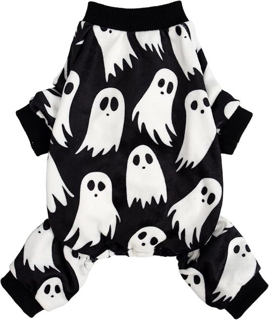 Fitwarm Halloween Ghost Dog Pajamas, Funny Halloween Costumes for Dogs, Fleece Dog Onesie with Feet, Doggy Clothes for Small Dogs Boy Girl, Pet Apparel, Black, White, XXL