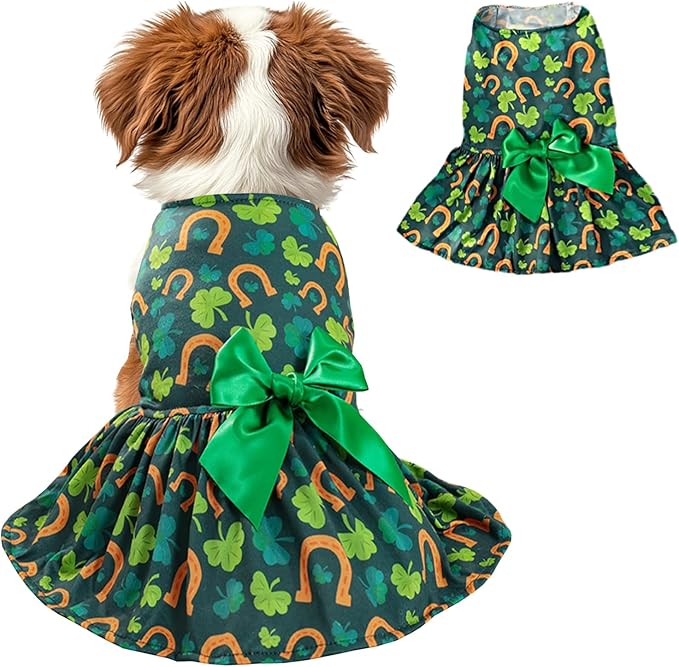 St. Patrick's Day Dog Costume Dress M – Lucky Clover and Horseshoe Design with Green Bow, Pet Outfit for 8-9 lbs Dogs and Cats, Holiday Party Clothes