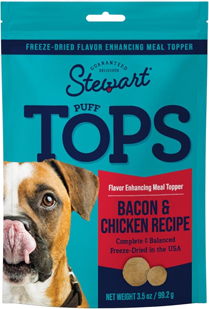 Stewart Freeze Dried Dog Food Topper, PuffTops, Bacon, Chicken, Apple & Kale, 3.5 Ounce Resealable Pouch, Flavor Enhancing Meal Topper or Dog Treat, Made in USA