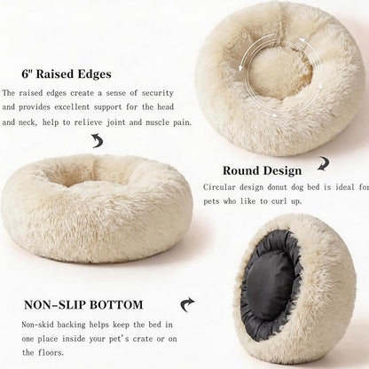 Calming Donut Dogs Beds for Small Dogs Washable,23inch Plush Round Pet Bed for Cozy Sleep,Fluffy Faux Fur Large Cat Bed,Fits up to 25 lbs Pets,Beige