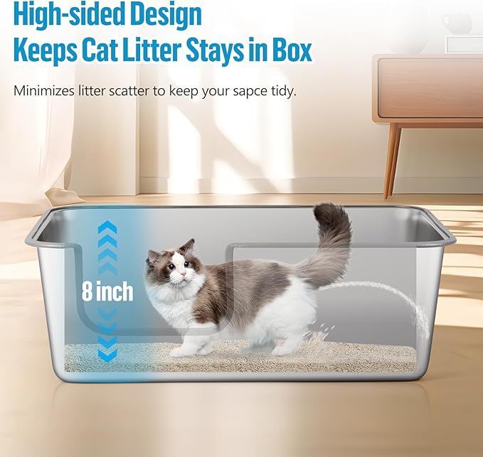 Stainless Steel Cat Litter Box, 23.6" L x 15.7" W x 8" H XXL Extra Large Semi Enclosed Removable Metal Litter Tray with High Sided Enclosure, Scoop, Anti-Leakage, Non-Sticky, Easy Cleaning