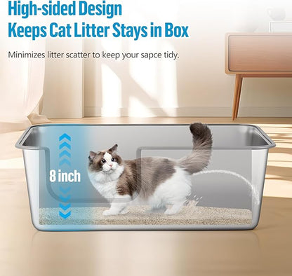 Stainless Steel Cat Litter Box, 23.6" L x 15.7" W x 8" H XXL Extra Large Semi Enclosed Removable Metal Litter Tray with High Sided Enclosure, Scoop, Anti-Leakage, Non-Sticky, Easy Cleaning