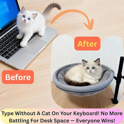 Cat Desk Bed, Adjustable & Rotating 360° Cat Desk Hammock, Dual-Side Elevated Pet Desk Bed w/Toy Mouse for Computer Desks, Island/Coffee Tables, Weight Capacity 33 LBS
