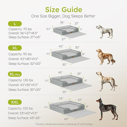 CWAWZ Dog Beds for Large Dogs, Orthopedic Pet Bed with Cooling Gel Memory Foam, Waterproof Large Dog Beds with Removable Washable Cover, 36" Pet Sofa Dutch Velvet with Blanket Bone Toy, Light Gray