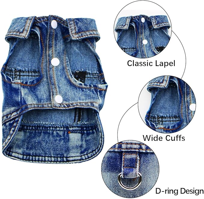 Dog Jean Jacket, Blue Denim Shirt Classic Lapel Vest Coat Costume Puppy T-Shirt, Comfort Tank Top Cool Apparel, Washed Pet Clothes for Dogs Boy Girl (with D-Ring, Small)