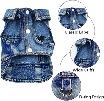Dog Jean Jacket, Blue Denim Shirt Classic Lapel Vest Coat Costume Puppy T-Shirt, Comfort Tank Top Cool Apparel, Washed Pet Clothes for Dogs Boy Girl (with D-Ring, Medium)