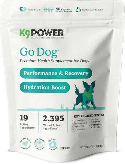 K9Power Go Dog – Hydration & Electrolyte Supplement for Dogs – Boost Stamina, Recovery, Muscle Function & Energy – Beta-Alanine, Creatine, BCAAs, Agave, Green Tea Extract, Electrolytes