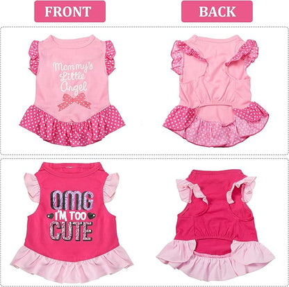 2 Pieces Dog Dresses for Dogs Cute Girl Female pet Dress Mommy Puppy Shirt Skirt Dresses Pet Summer Clothes Apparel for Cats(OMG and Angel,Small)